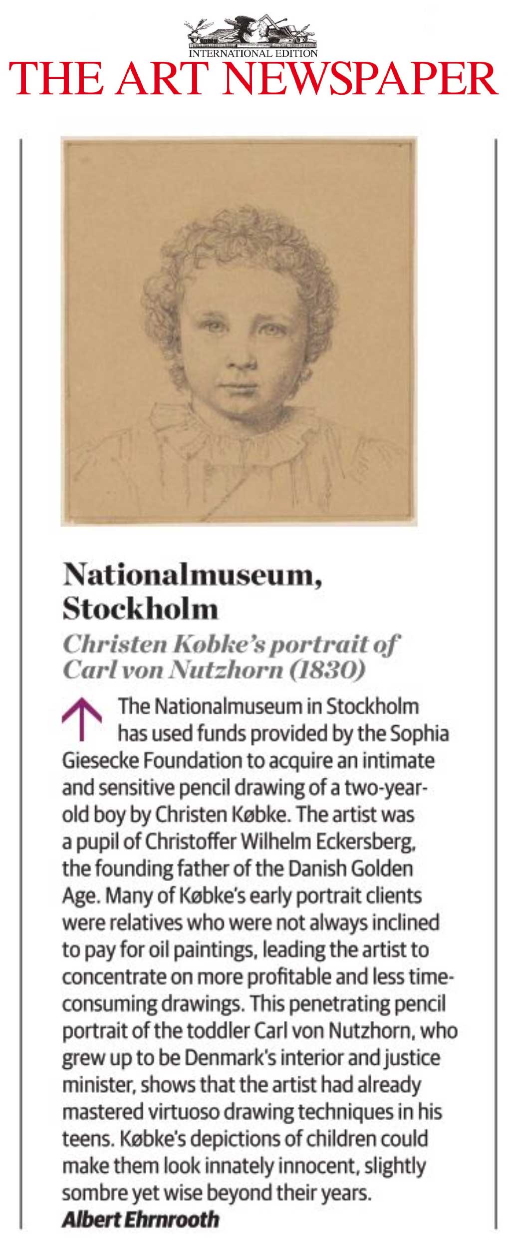 The Art Newspaper, Nationalmuseum Stockholm, Christen Købke's portrait of Carl von Nutzhorn
