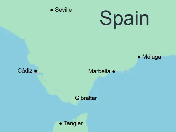 Location of Cadiz on map of Spain